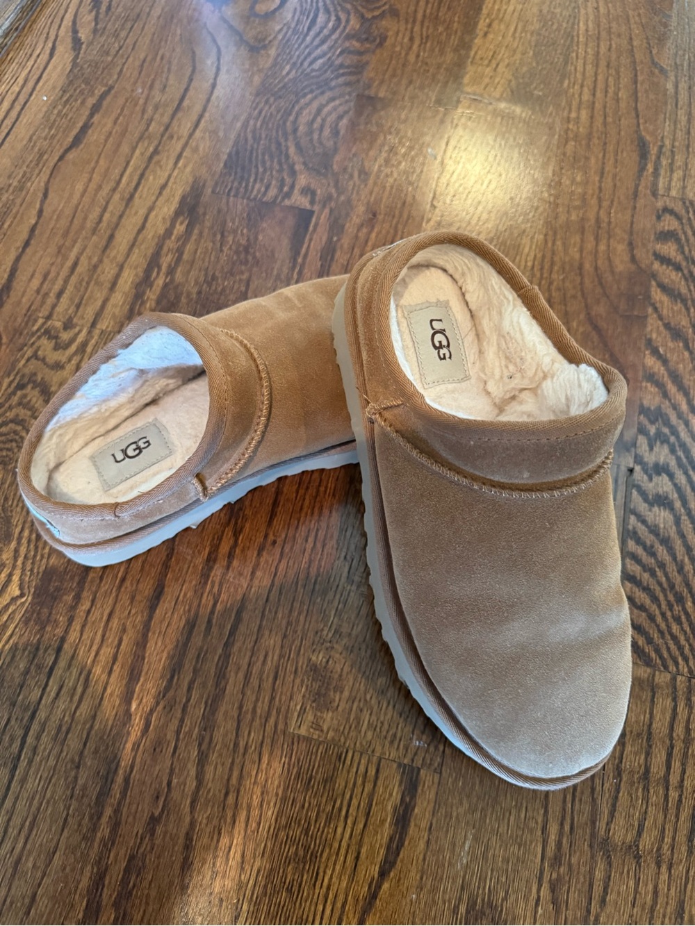 UGG Chestnut Suede Slip-On Shearling Clogs